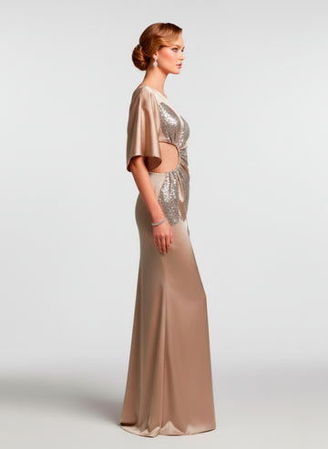 Vestido de Gala Agata Satín de un Solo Hombro con Detalle de Lentejuelas