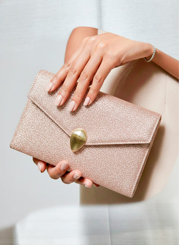 Cartera de Fiesta CORI Clutch Oro Rosa Metalizado con Glitter