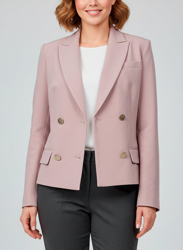 Blazer Damaris Cruzado Rosa con Botones Dorados y Cinturón