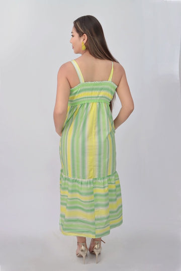 Vestido Largo Luciana – Estampado de Rayas Multicolor con Cuerpo Elástico